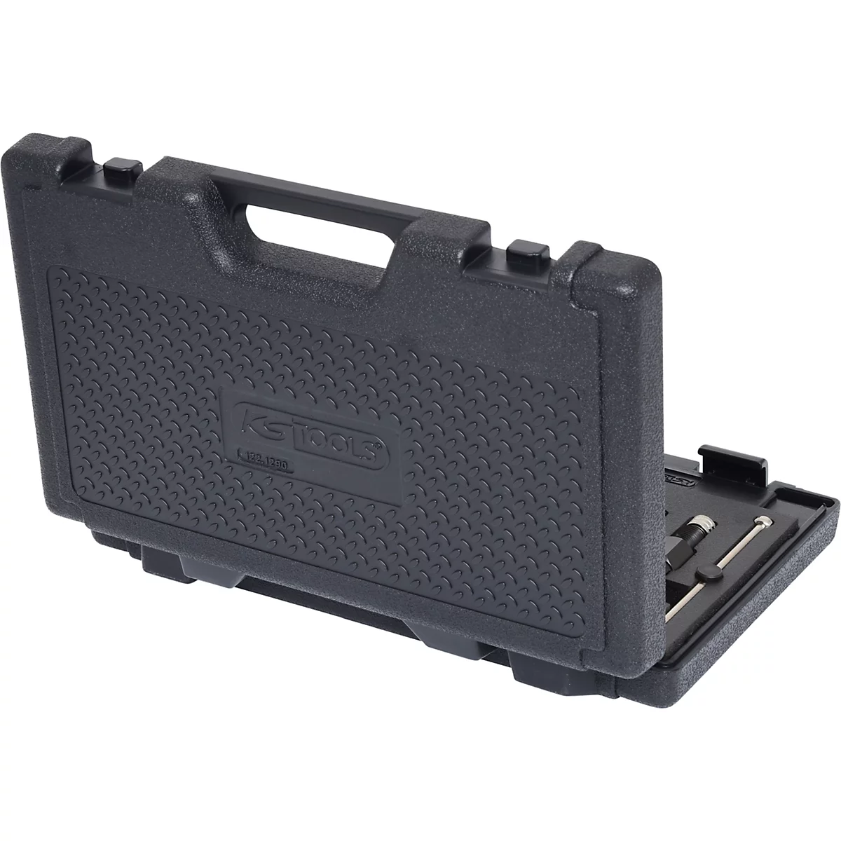 Schwarzer Werkzeugkoffer, halb geöffnet, mit Werkzeugen. Auf dem Koffer ist das Logo von KS TOOLS zu sehen.